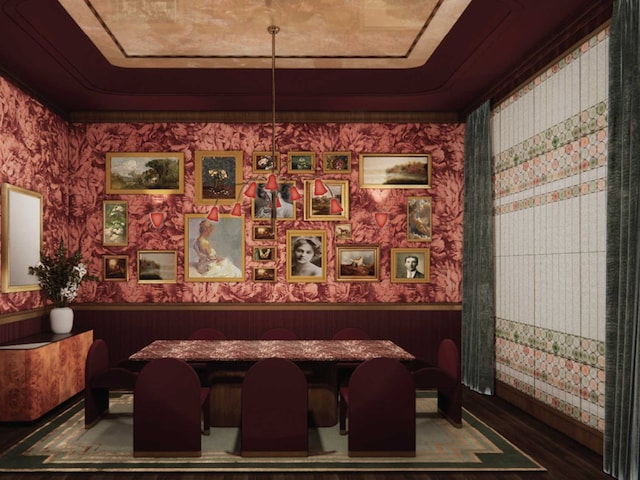 dining area featuring breakfast area, wood-type flooring, and wooden walls