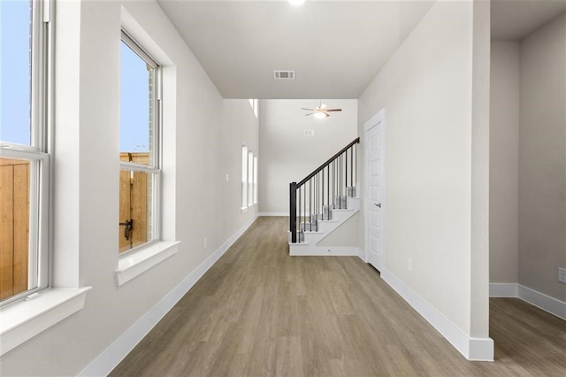 foyer with ceiling fan and light hardwood / wood-style flooring