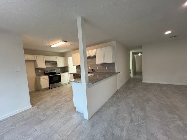 kitchen featuring stainless steel electric range, dark stone countertops, white cabinetry, and light tile floors