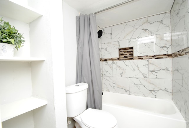 bathroom featuring shower / bathtub combination with curtain and toilet