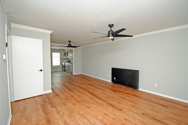 unfurnished living room featuring ceiling fan, crown molding, and light wood-type flooring