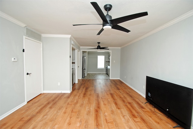 unfurnished living room with ceiling fan, light hardwood / wood-style floors, and crown molding