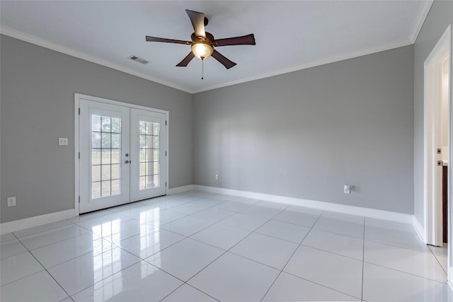 unfurnished room featuring ornamental molding, ceiling fan, french doors, and light tile patterned floors