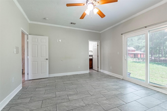 unfurnished room with ceiling fan, a healthy amount of sunlight, and ornamental molding