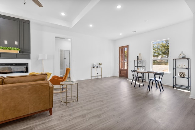 living room with hardwood / wood-style floors and ceiling fan