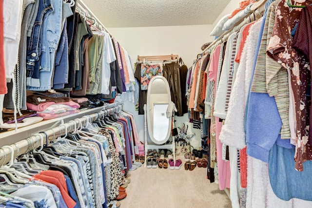 walk in closet featuring light carpet