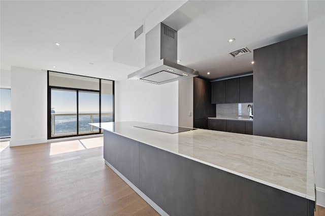 kitchen with decorative backsplash, black electric cooktop, exhaust hood, a water view, and light hardwood / wood-style floors