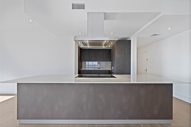 kitchen featuring black electric cooktop, a large island, island exhaust hood, and light wood-type flooring