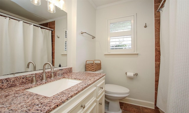 bathroom featuring tile patterned floors, ornamental molding, vanity, toilet, and curtained shower