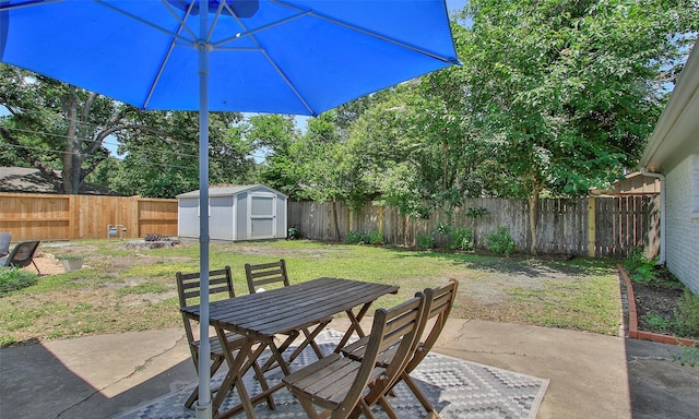 view of patio / terrace with a storage shed