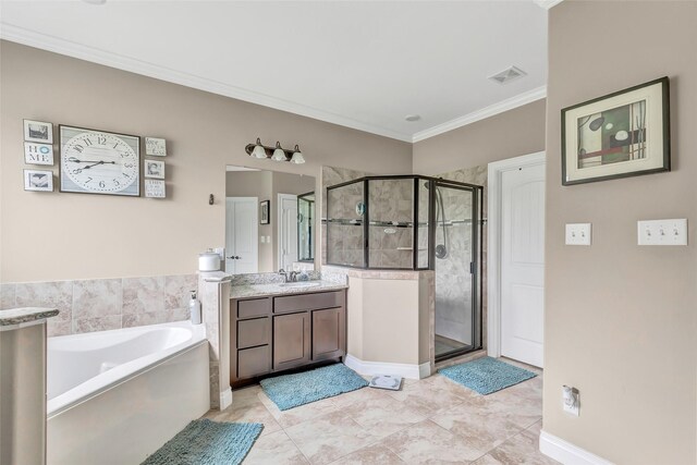 bathroom with a stall shower, visible vents, ornamental molding, a garden tub, and vanity