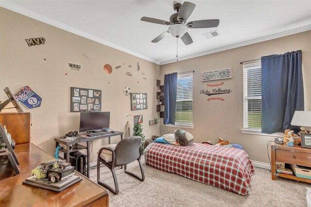 bedroom with carpet floors, baseboards, visible vents, and ornamental molding