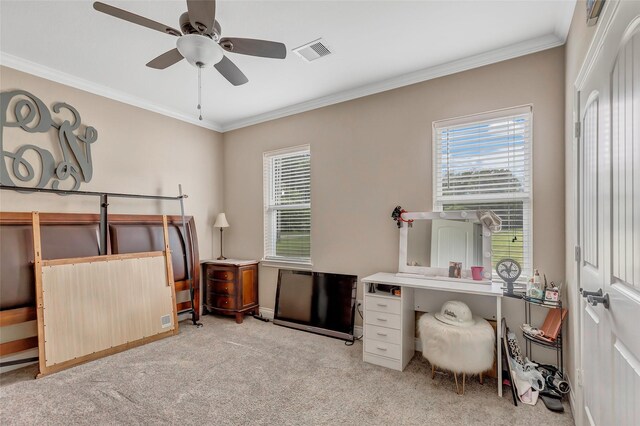 bedroom featuring ornamental molding, visible vents, light carpet, and multiple windows