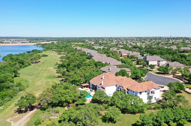 aerial view featuring a water view and a residential view