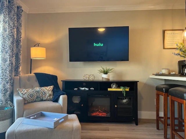 living room with light wood-type flooring and crown molding