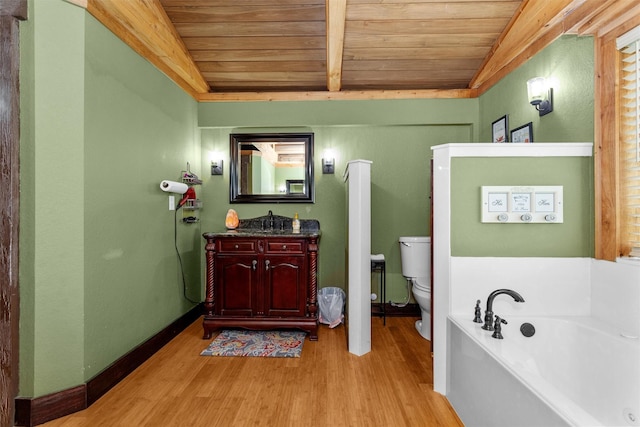 bathroom featuring hardwood / wood-style flooring, toilet, and wooden ceiling