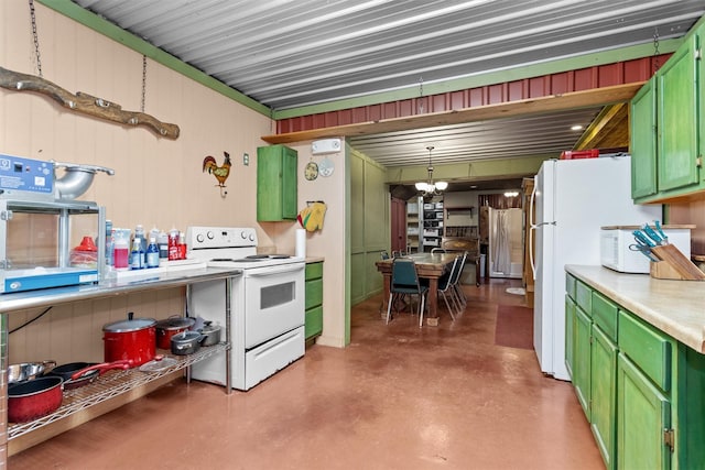 kitchen with hanging light fixtures, white electric range, green cabinets, an inviting chandelier, and concrete floors