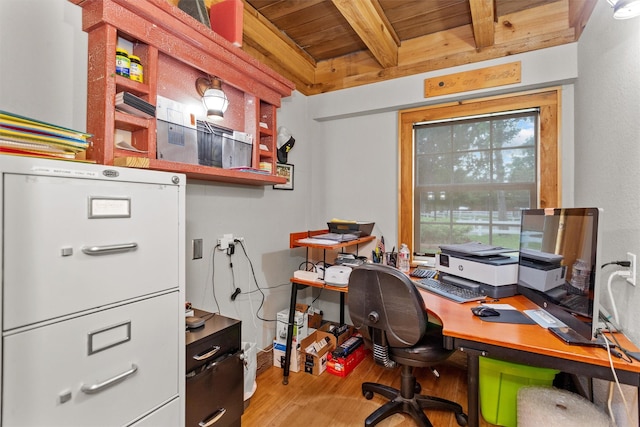 office area featuring beamed ceiling, wooden ceiling, and wood-type flooring