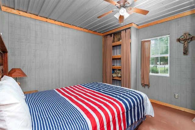 bedroom with wooden ceiling and ceiling fan