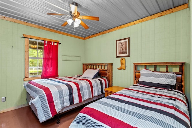 bedroom with dark hardwood / wood-style flooring, ceiling fan, and wood ceiling