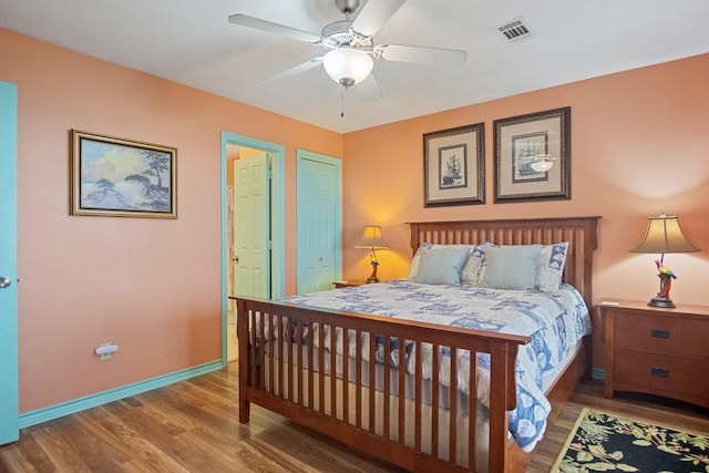 bedroom featuring ceiling fan, wood-type flooring, and a closet