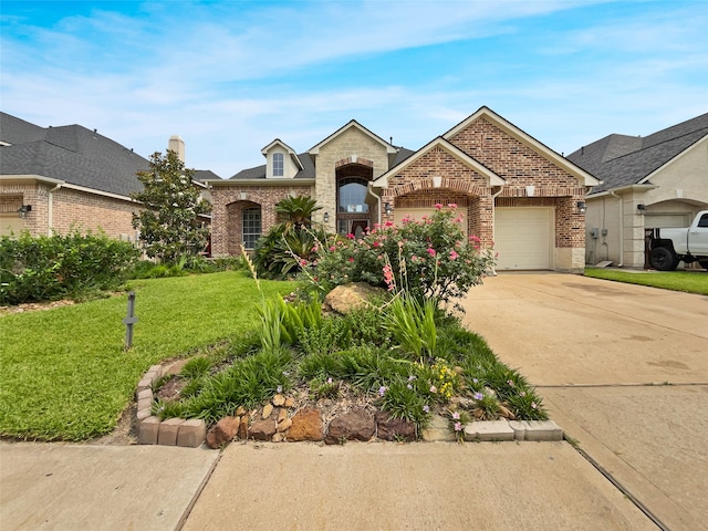 view of front of property with a garage and a front yard