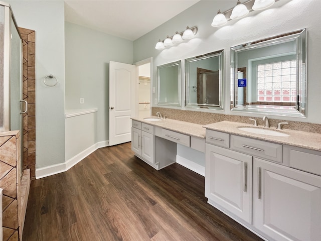 bathroom with vanity, wood-type flooring, and an enclosed shower