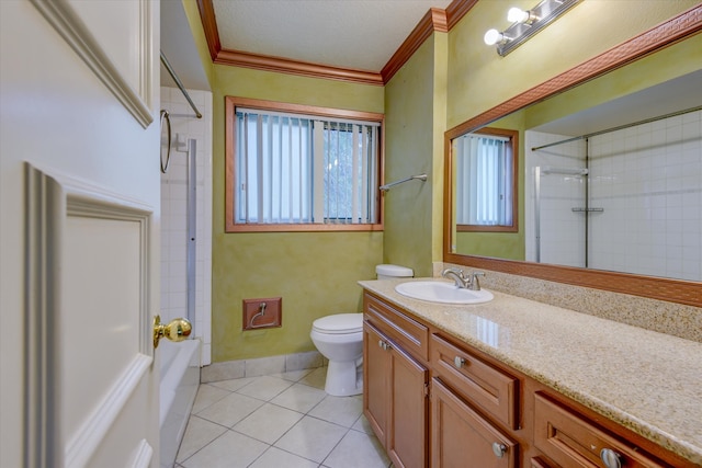 full bathroom with tiled shower / bath, ornamental molding, vanity, toilet, and tile patterned floors