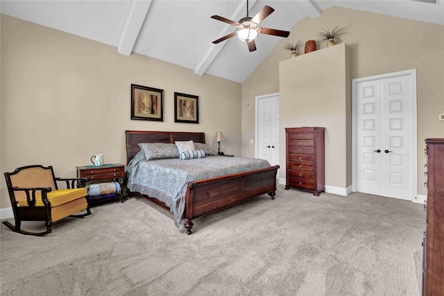 carpeted bedroom with beam ceiling, high vaulted ceiling, and ceiling fan