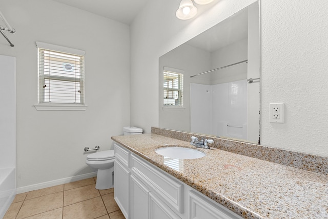 bathroom with toilet, plenty of natural light, vanity, and tile patterned flooring