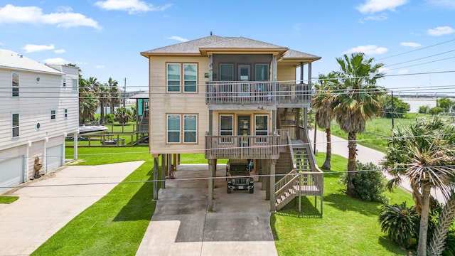 exterior space featuring a lawn and a balcony