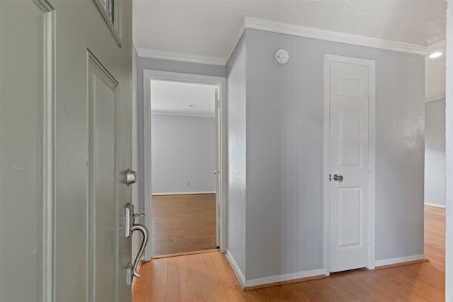 corridor featuring crown molding and light wood-type flooring