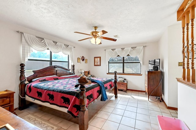 20003 Bauer Hockley Rd, Tomball, TX 77377 - bedroom featuring a ceiling fan, visible vents, a textured ceiling, and light tile patterned floors