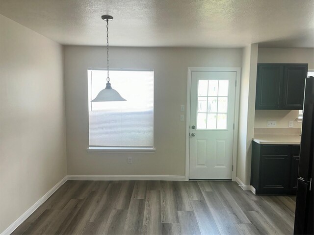 unfurnished dining area featuring wood-type flooring and a textured ceiling