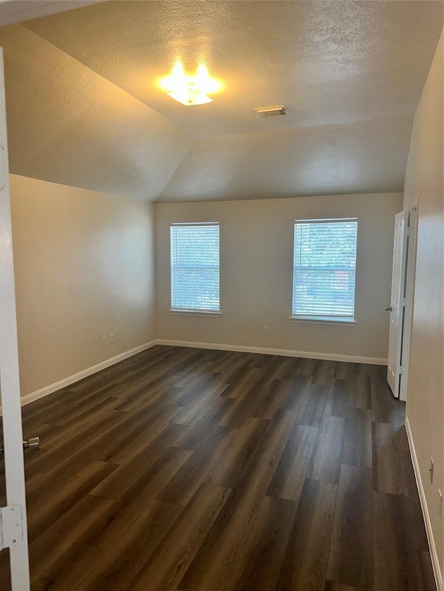 additional living space with a textured ceiling, plenty of natural light, dark wood-type flooring, and vaulted ceiling