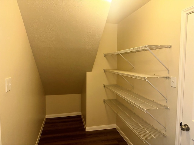 spacious closet with dark hardwood / wood-style flooring and lofted ceiling