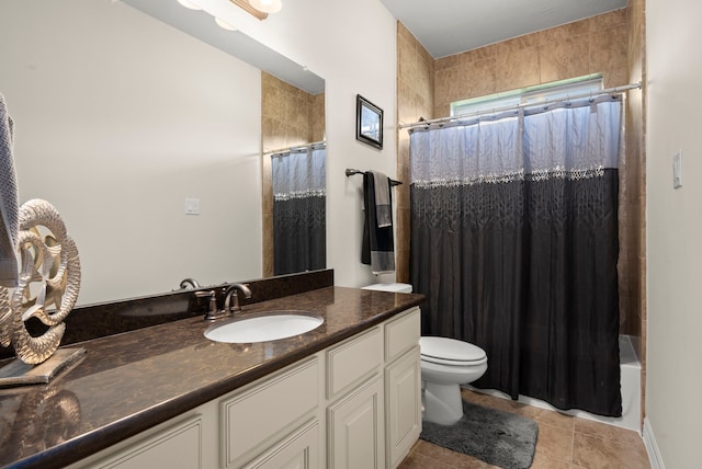 full bathroom with tile flooring, shower / bath combination with curtain, large vanity, and toilet