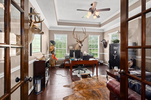 office space with a tray ceiling, ornamental molding, wood-type flooring, and ceiling fan