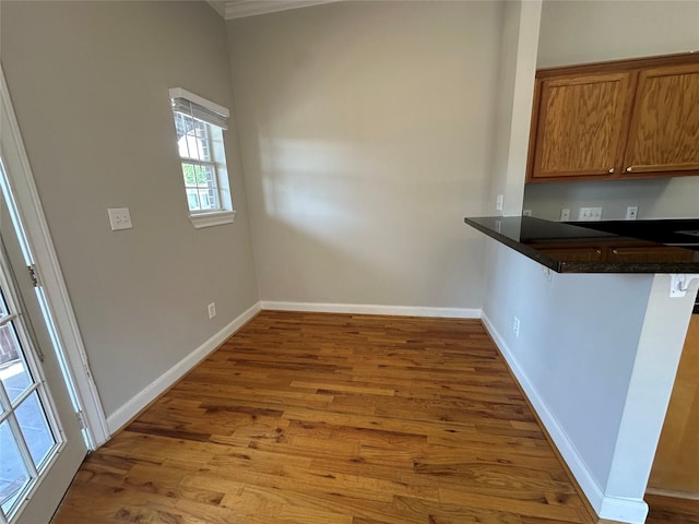 unfurnished dining area featuring crown molding and hardwood / wood-style flooring