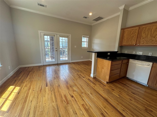 kitchen featuring dishwasher, french doors, light hardwood / wood-style flooring, ornamental molding, and kitchen peninsula