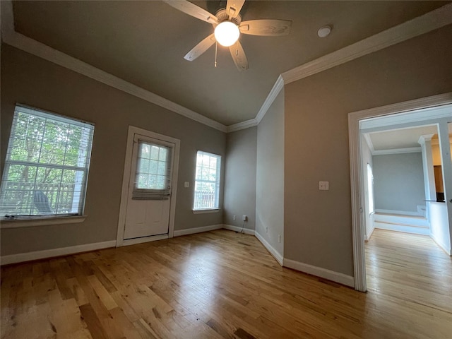 entryway featuring ceiling fan, light hardwood / wood-style floors, and crown molding