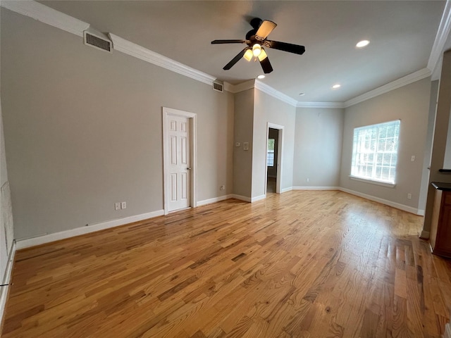 interior space featuring light hardwood / wood-style floors, ceiling fan, and ornamental molding