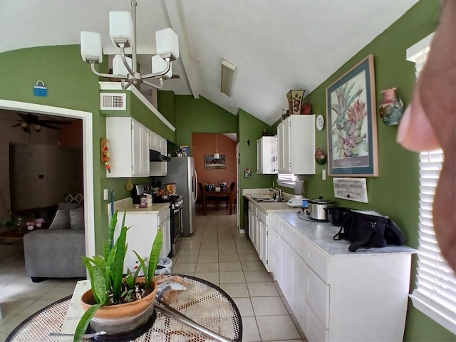 kitchen with range with electric cooktop, sink, white cabinets, and lofted ceiling with beams