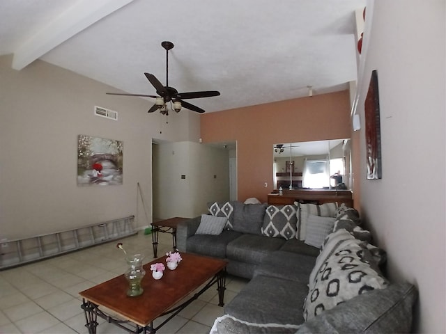 living room with ceiling fan, light tile patterned flooring, and high vaulted ceiling