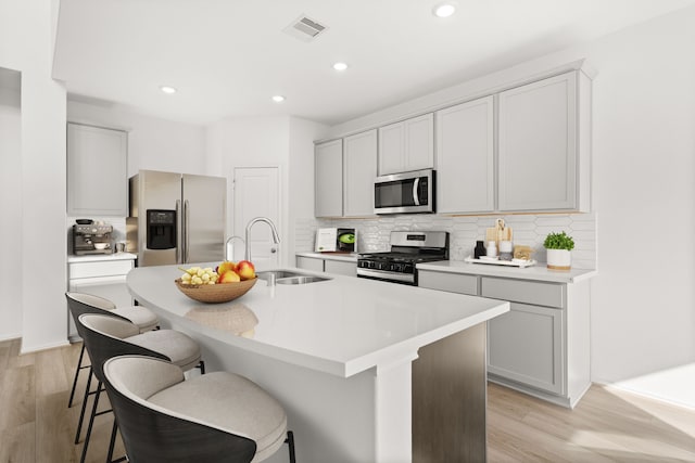 kitchen featuring appliances with stainless steel finishes, light hardwood / wood-style floors, a kitchen island with sink, and sink