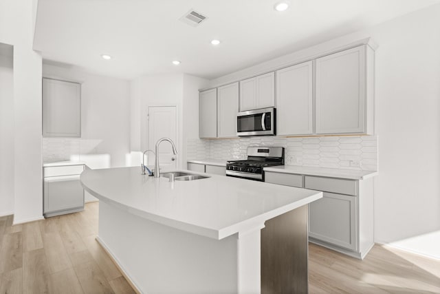 kitchen featuring sink, backsplash, an island with sink, appliances with stainless steel finishes, and light wood-type flooring