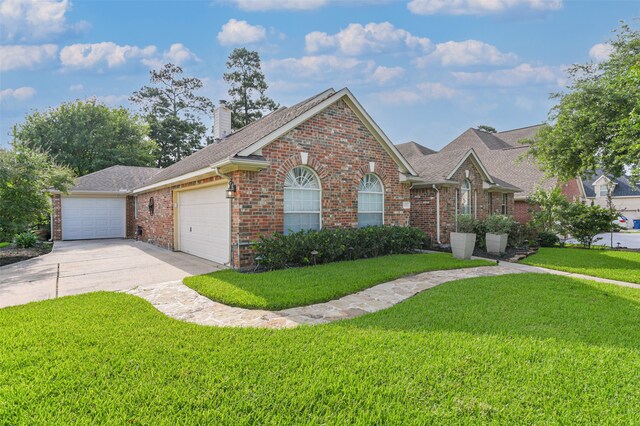 ranch-style house featuring a garage and a front lawn