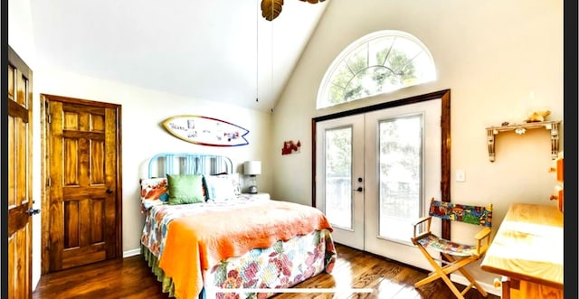 bedroom featuring high vaulted ceiling, french doors, access to exterior, and dark hardwood / wood-style flooring