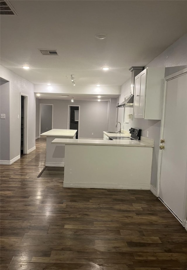10434 S Burman St, Houston, TX 77029 - kitchen featuring a peninsula, dark wood finished floors, baseboards, and recessed lighting