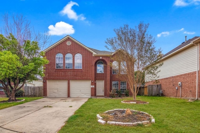 view of property featuring a garage and a front lawn